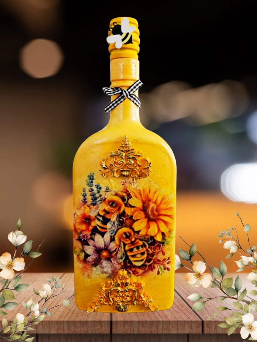 Sunflower Honey Bee Decor, Kitchen Accent, Upcycled Hand Painted Bottle